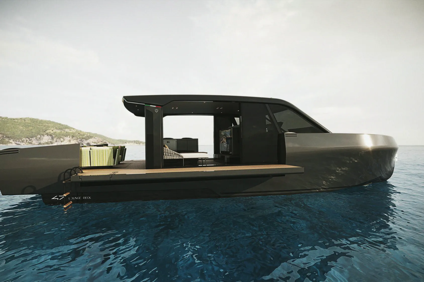 Le Forte 47 Lounge Deck au mouillage, vu de tribord : hardtop noir et plage arrière ouverte.