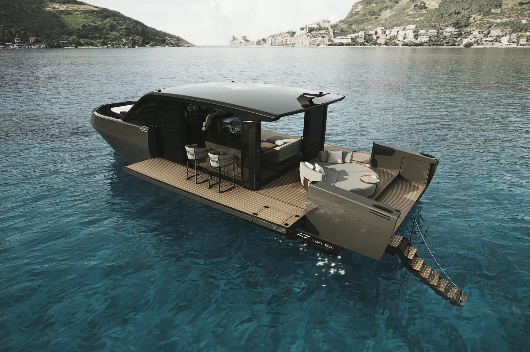 Le Forte 47 Lounge Deck vu du ciel, terrasses latérales déployées sur l'eau turquoise.