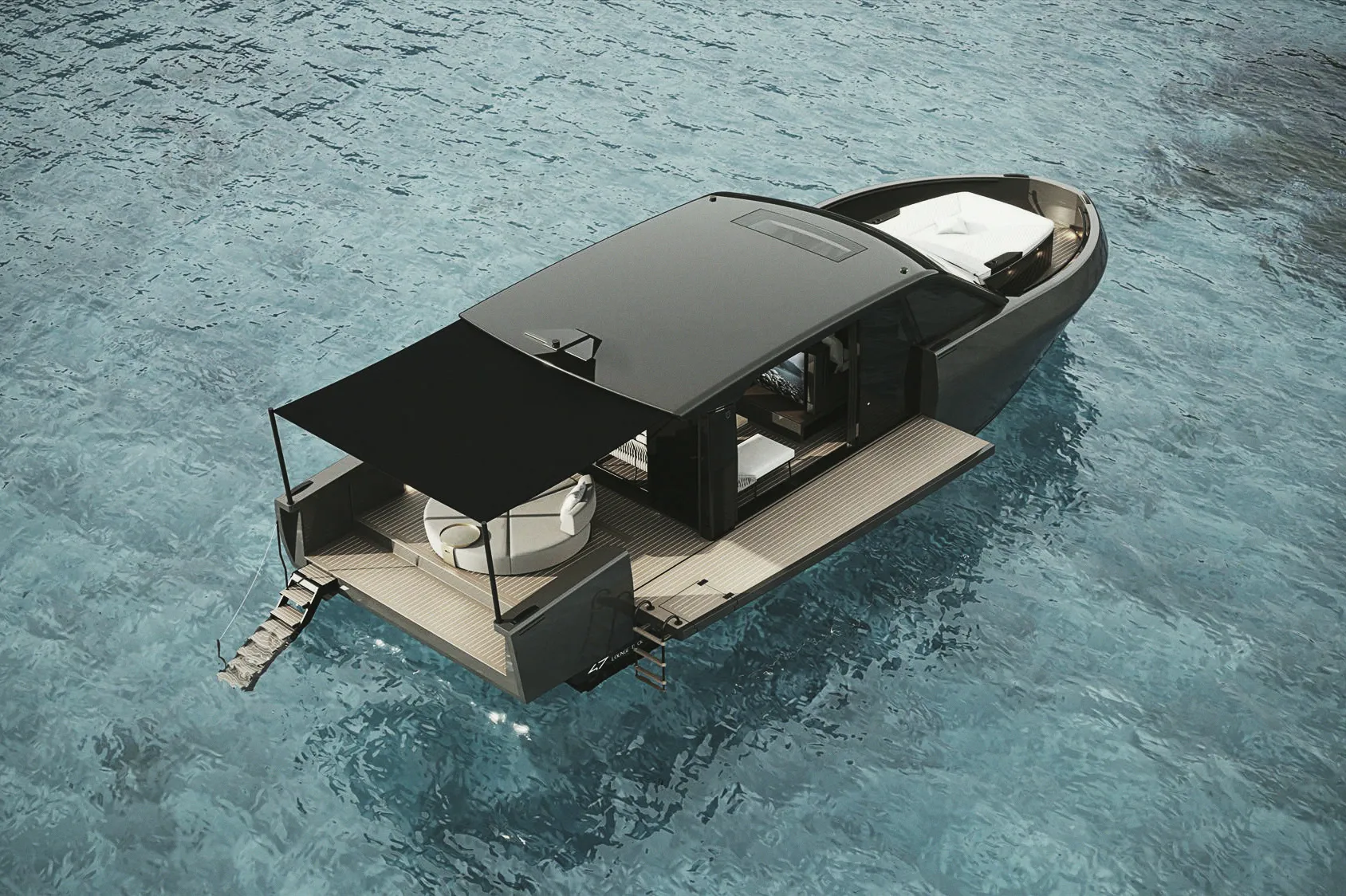 Le Forte 47 Lounge Deck vu du ciel au mouillage, taud déployé et échelle de bain sortie.