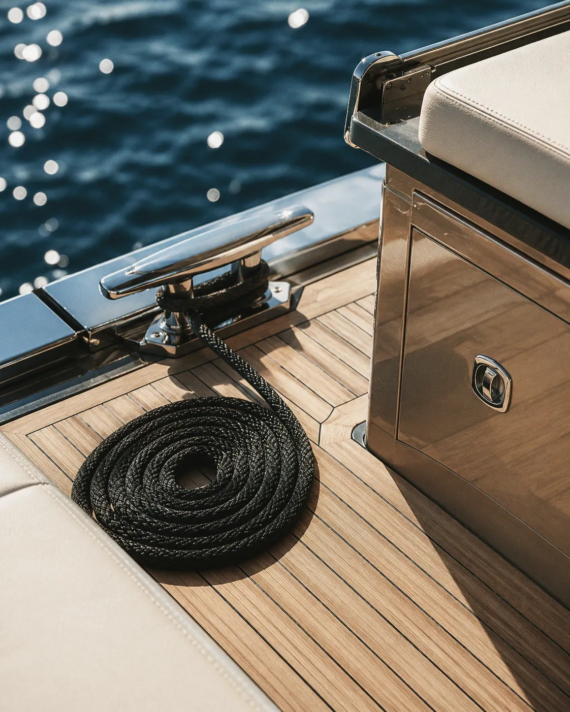 Passavant en teck : un cordage noir lové au pied d'un taquet d'inox, la porte vernie d'un coffre et sa poignée chromée à côté, la mer scintillante par-dessus le bord.