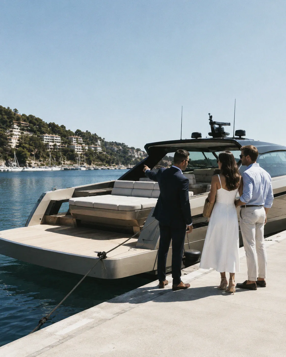Trois personnes de dos sur un ponton, devant un yacht à moteur amarré : l'une, en costume, désigne le bateau ; les deux autres regardent le pont. Au fond, une côte boisée et des bateaux au mouillage.